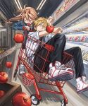  1boy 1girl apple black_necktie black_pants blonde_hair blue_jacket brown_hair chainsaw_man closed_eyes collared_shirt denji_(chainsaw_man) fang food fruit highres horns in_shopping_cart jacket long_hair looking_to_the_side motion_blur motion_lines necktie open_mouth pants poka_(523764jr) power_(chainsaw_man) red_horns shirt shirt_tucked_in short_hair sleeves_rolled_up smile white_shirt 