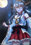  1girl black_hair brown_eyes detached_sleeves full_moon hair_ornament hairclip hakama haruna_(kancolle) haruna_kai_ni_(kancolle) headgear highres japanese_clothes kantai_collection long_hair moon night night_sky nontraditional_miko red_hakama red_skirt ribbon-trimmed_sleeves ribbon_trim roko_roko_(doradorazz) skirt sky solo star_(sky) thighhighs twitter_username 