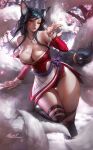  1girl ahri_(league_of_legends) aleriia_v animal_ears bandaged_leg bandages black_hair blowing_kiss braid breasts cleavage facial_mark fox_ears fox_girl highres korean_clothes large_breasts league_of_legends long_hair multiple_tails off_shoulder one_eye_closed solo tail thighs whisker_markings yellow_eyes 