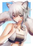  1girl 3_(sanyako1) absurdres ahoge animal_ears arknights bare_shoulders black_shirt blue_background border breasts cliffheart_(arknights) crossed_bangs food fork fruit grey_eyes grey_hair hair_between_eyes highres holding holding_fork jewelry leopard_ears leopard_girl leopard_tail looking_at_viewer necklace open_clothes open_vest outside_border shirt short_hair simple_background small_breasts smile solo strawberry tail upper_body vest white_border white_vest 