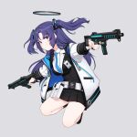  1girl absurdres artpatient blazer blue_archive blue_halo blue_necktie closed_mouth full_body grey_background gun halo highres holding holding_gun holding_weapon jacket long_hair looking_at_viewer necktie purple_eyes purple_hair shirt sig_mpx simple_background solo submachine_gun thighs weapon white_jacket white_shirt yuuka_(blue_archive) 