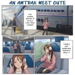  1girl amtrak artist_request backpack bag black_leggings blue_bag blue_curtain braid breasts brown_eyes brown_hair cellphone closed_mouth commentary curtains day english_commentary english_text headphones heart holding holding_phone left-to-right_manga leggings long_sleeves looking_at_phone looking_outside medium_hair original phone pink_sweater_vest rolling_suitcase shoes sitting small_breasts smartphone smile sneakers solo suitcase sweater_vest train train_interior train_station twin_braids walking white_footwear window 
