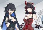  2girls asymmetrical_hair black_dress black_gloves black_hair black_ribbon blue_hair breasts chest_tattoo cleavage colored_inner_hair demon_horns demon_wings dress earrings elbow_gloves fingerless_gloves gloves hair_between_eyes hair_ribbon horns jewelry long_hair lucia_(punishing:_gray_raven) medium_breasts medium_hair multicolored_hair multiple_girls punishing:_gray_raven red_dress red_eyes red_hair red_ribbon ribbon selena_(punishing:_gray_raven) single_horn skaven_gongcheng_shushi streaked_hair tattoo very_long_hair white_gloves wings 