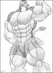  2006 anthro bottomwear bulge clothing flexing_bicep fur giraffe giraffid graphite_(artwork) greyscale hair horn huge_abs huge_biceps huge_pecs huge_quads male mammal monochrome mostly_nude muscular muscular_anthro muscular_male muscular_thighs nipples pencil_(artwork) raffe shorts shorts_only simple_background solo stupidgit tail thigh_up traditional_media_(artwork) white_background 