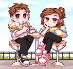  1boy 1girl black_footwear black_pants brown_hair bubble_tea chair drinking earrings grass green_eyes hair_ornament highres hood hoodie jewelry kim_mushroom long_sleeves multicolored_clothes multicolored_hoodie multicolored_sweater pants pink_footwear red_eyes shoes short_hair sitting sky_(super_wings) storm_(super_wings) super_wings white_hood 