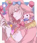  1girl balloon bibon_(boileddangan) blue_bow bow bowtie closed_mouth danganronpa_(series) danganronpa_2:_goodbye_despair dress_shirt epaulettes galaga hair_bow hair_ornament highres holding jacket long_sleeves medium_hair nanami_chiaki open_clothes open_jacket pink_bow pink_bowtie pink_eyes pink_headwear pink_jacket pink_theme shirt smile solo thumbs_up white_shirt 