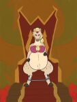  adult_swim anthro belly_overhang breasts cartoon_network chair chud cleavage cleavage_cutout clothed clothing equid equine female furniture hi_res holding_belly hoof_hands horse lace_stockings looking_at_viewer makeup mammal obese overweight painted_background partially_clothed ponietta pregnant restraints rick_and_morty sitting sitting_on_throne solo spreader_bar throne veiled_lioness 