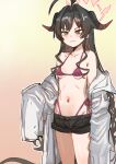  1girl absurdres ahoge bad_id bad_pixiv_id bikini black_hair black_horns black_shorts blue_archive blush bow_(bhp) breasts closed_mouth coat cowboy_shot demon_horns halo highres horns kasumi_(blue_archive) lab_coat long_hair navel pink_halo purple_bikini red_halo shorts sleeves_past_fingers sleeves_past_wrists small_breasts solo swimsuit white_coat yellow_eyes 