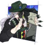  1boy argyle argyle_shirt ashiya_douman_(second_ascension)_(fate) ashiya_douman_(tour_outfit)_(fate) black_hair coat coat_on_shoulders cropped_torso curly_hair earrings fate/grand_order fate/grand_order_arcade fate_(series) fedora hair_between_eyes half-closed_eyes hand_up hat jewelry large_hands long_hair long_sleeves magatama magatama_earrings male_focus multicolored_hair official_alternate_costume parted_bangs plm233 solo two-tone_hair two-tone_shirt very_long_hair whispering white_hair 