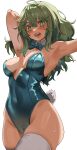  1girl absurdres alternate_costume armpits arms_up boku_no_hero_academia breasts covered_navel fake_tail green_eyes green_hair green_leotard hagakure_tooru highres leotard medium_breasts messy_hair multicolored_hair open_mouth pink_hair playboy_bunny rabbit_tail solo sweat tail thick_eyelashes thighhighs two-tone_hair unusually_visible white_thighhighs zd_(pixiv6210083) 