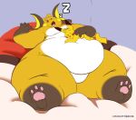  2016 anthro belly big_belly duo eye_scar facial_scar fur generation_1_pokemon hercules_(cheesecaker) huge_belly kazecat lying male navel nintendo obese obese_anthro obese_male on_back open_mouth orange_body orange_fur overweight overweight_anthro overweight_male paws pikachu pillow pokeball pokemon pokemon_(species) raichu scar simple_background sleeping_on_partner snoring sparks_(cheesecaker) tail thick_thighs wide_hips yellow_body yellow_fur 