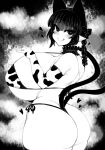  1girl :q animal_ears animal_print ass bikini braid breasts cat_ears cat_girl cat_tail closed_mouth commentary_request cow_print cowboy_shot curvy elbow_gloves extra_ears gigantic_breasts gloves greyscale haseru_(ginku_mh) heart huge_ass kaenbyou_rin looking_at_viewer medium_hair monochrome multiple_tails nekomata pointy_ears side_braids smile solo swimsuit tail tongue tongue_out touhou twin_braids two_tails 