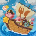  blue_eyes blush_stickers cake cloud cookie dango food food_focus fruit hat highres holding holding_food ice_cream invincible_candy kirby kirby_(series) miclot no_humans open_mouth pink_footwear pirate_hat pudding sanshoku_dango ship shoes sky star_(symbol) strawberry strawberry_shortcake wagashi water watercraft 