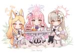  3girls angel_wings animal_ear_fluff animal_ears black_pantyhose blonde_hair blue_archive blunt_bangs brown_eyes cake capelet chair chibi commentary_request cup detached_sleeves dress feathered_wings flower food forehead fox_ears fox_girl fox_tail frilled_dress frills full_body grey_hair hair_between_eyes hair_bun hair_flower hair_ornament hair_scrunchie halo high_heels highres holding holding_cup long_hair long_sleeves macaron mika_(blue_archive) multiple_girls nagisa_(blue_archive) ohbuya one_side_up orange_eyes pantyhose parted_bangs pink_hair school_uniform scrunchie seia_(blue_archive) serafuku sidelocks simple_background single_side_bun sitting sleeves_past_wrists smile strawberry_shortcake swiss_roll table tail tea teacup teapot tiered_tray turtleneck_dress waving white_dress white_pantyhose white_wings wide_sleeves wings wrist_scrunchie yellow_eyes 