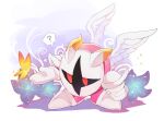  armor bug butterfly butterfly_wings chirko_0326 colored_skin flower galacta_knight gloves kirby:_star_allies kirby_(series) looking_at_another mask morpho_knight_(butterfly) no_humans pauldrons pink_skin red_eyes shoulder_armor simple_background white_background wings 
