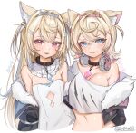  2girls absurdres alternate_breast_size animal_ears artist_name blonde_hair blue_eyes blue_hair breasts cleavage collar cropped_jacket cropped_shirt dog_ears dress english_commentary flat_chest fur_trim fuwawa_abyssgard hair_between_eyes hair_intakes hair_ornament hairband hairclip headphones headphones_around_neck highres hololive hololive_english jacket jacket_partially_removed jewelry large_breasts long_hair looking_at_viewer midriff mococo_abyssgard multicolored_hair multiple_girls navel off_shoulder pendant pink_eyes pink_hair shirt short_hair siblings simple_background sisters smile sobbi11 streaked_hair twins twitter_username two_side_up upper_body virtual_youtuber white_background white_dress white_shirt x_hair_ornament 