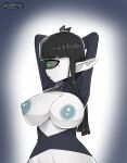  2023 absurd_res areola black_clothing black_hair black_topwear breasts clothed clothing cyclops exposed_breasts female green_eyes grey_sclera hair hi_res humanoid humanoid_pointy_ears looking_away nipples not_furry partially_clothed pose roadiesky solo topwear white_breasts zamora_(roadiesky) 