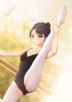  1girl ballerina ballet bare_arms bare_shoulders barre bigxixi black_eyes black_hair black_leotard feet feet_up highres legs_up leotard looking_at_viewer no_bra original pantyhose short_hair skinsuit soles split spread_legs standing standing_on_one_leg standing_split white_pantyhose 