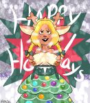  anthro antlers blonde_hair breasts christmas clothed clothing cloud deltarune dress female flashing flashing_breasts freckles freckles_on_breasts freckles_on_face fur hair happy_holidays hi_res holidays horn mii2sii mistletoe multicolored_body multicolored_fur nipples noelle_holiday partially_clothed plant pokesiimii snow solo two_tone_body two_tone_fur undertale_(series) 