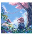  1girl animal_hood blue_sky border braid bug butterfly cherry_blossoms cloud cloudy_sky day facing_away falling_petals field floating_hair flower flower_field french_braid grass grey_hoodie highres hood hood_down hoodie kaf_(kamitsubaki_studio) kamitsubaki_studio long_hair outdoors petals pink_flower pink_hair ponytail shark_hood single_braid sky solo tirudo29 tree upper_body white_border white_butterfly white_flower wind yellow_flower 