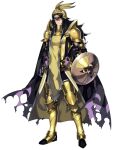  1boy aegislash armor black_hair cape closed_mouth feathers frown full_body greaves helmet holding holding_shield katagiri_hachigou legs_apart long_hair male_focus personification pokemon shield shoulder_armor simple_background solo standing torn_cape torn_clothes white_background 