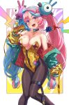  1girl absurdres black_choker blue_hair breasts brown_pantyhose caee_penguin choker cleavage collarbone food gold_leotard green_jacket highres iono_(pokemon) jacket large_breasts leotard light_blue_hair lightning_bolt_necklace looking_at_viewer multicolored_clothes multicolored_hair multicolored_jacket open_mouth pantyhose pink_hair playboy_bunny pokemon pokemon_(game) pokemon_sv red_jacket sandwich smile solo strapless strapless_leotard submarine_sandwich thighs twintails two-tone_hair x yellow_jacket 