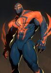  1boy animal_print blue_bodysuit bodysuit covered_abs gradient_background highres large_pectorals male_focus marvel mask muscular muscular_male nesskain pectorals red_bodysuit simple_background solo spider-man:_across_the_spider-verse spider-man_(2099) spider-man_(series) spider_print thick_thighs thighs two-tone_bodysuit 