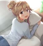  1girl :d brown_eyes brown_hair couch denim flipped_hair from_above grey_shirt hair_between_eyes hair_bun hugging_object idolmaster idolmaster_million_live! indoors jeans light_blush long_sleeves looking_at_viewer looking_back lying on_couch on_stomach open_mouth pants pillow pillow_hug shirt short_hair_with_long_locks shuucream_(syuichi) sidelocks smile solo sunlight tenkubashi_tomoka upper_body 