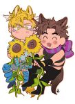  2boys :3 animal_ears battle_tendency blonde_hair brown_hair caesar_anthonio_zeppeli carota327 cat_ears chibi crop_top dog_ears dog_tail facial_mark feather_hair_ornament feathers fingerless_gloves flower gloves hair_ornament headband jojo_no_kimyou_na_bouken joseph_joestar joseph_joestar_(young) kemonomimi_mode knee_pads male_focus midriff multicolored_clothes multicolored_scarf multiple_boys pink_scarf purple_scarf scarf scarf_over_mouth sunflower tail 