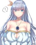  1girl anastasia_(fate) bare_shoulders blue_eyes blush breasts cleavage collarbone dress fate/grand_order fate_(series) flower hair_between_eyes hair_bobbles hair_flower hair_ornament hair_over_one_eye hairclip highres hitomin_(ksws7544) jewelry large_breasts long_hair long_sleeves looking_at_viewer off_shoulder princess smile solo very_long_hair white_background white_dress 