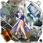  1girl alternate_costume bag blue_dress blurry blurry_background breasts brown_eyes cleavage closed_mouth commentary copyright_name crossed_legs dress english_commentary full_body game_cg grey_hair hat indoors jewelry lab_coat light_rays long_hair looking_at_viewer nurse nurse_cap pendant rabbit red-framed_eyewear reisen_udongein_inaba rotte_(1109) sitting solo spoon stethoscope syringe thigh_strap third-party_source touhou touhou_lost_word very_long_hair white_headwear x-ray yagokoro_eirin yagokoro_eirin_(genius_doctor_in_the_bamboo_forest) 
