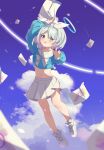  1girl :d absurdres arona_(blue_archive) blue_archive blue_hair blue_halo blue_shirt blue_sky blush bow bowtie cloud colored_inner_hair envelope floating full_body hair_bow hair_over_one_eye hairband halo hand_up highres long_sleeves medium_hair miniskirt multicolored_hair navel ooho0216 open_mouth papers pink_hair pleated_skirt sailor_collar school_uniform serafuku shirt shoes sidelocks skirt sky smile sneakers solo stomach white_bow white_bowtie white_footwear white_hairband white_sailor_collar white_skirt wind wind_lift 