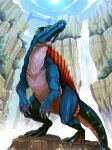  1other absurdres ambiguous_gender ark_survival_evolved bridge bush cloud dinosaur highres kasazaki_(kssg_111) looking_up red_eyes rock sharp_teeth solo spinosaurus sun teeth water waterfall webbed_feet webbed_hands 