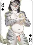  anthro baker black_hair card clover clubs_(suit) domestic_cat dough eyewear felid feline felis flour fonyaa foreskin fur genitals glasses grey_body grey_fur hair male mammal nude penis playing_card slightly_chubby solo striped_body striped_fur stripes suit_symbol toxstar_(character) 