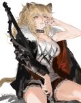  1girl animal_ears arknights artist_name black_choker black_jacket black_nails blonde_hair breasts candy choker cleavage cowboy_shot food frischenq fur-trimmed_jacket fur_trim hair_between_eyes hammer holding holding_weapon jacket large_breasts lion_ears lion_tail lips lollipop long_hair mouth_hold nail_polish open_clothes open_jacket over_shoulder ponytail red_shorts short_shorts shorts siege_(arknights) signature simple_background sledgehammer solo studded_choker tail tank_top teeth weapon weapon_over_shoulder white_background white_tank_top yellow_eyes 