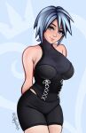  aqua_(kingdom_hearts) bare_shoulders black_shorts blue_eyes blue_hair breasts corset highres jackary kingdom_hearts medium_breasts shorts smile 