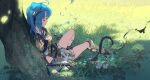  1girl absurdres armor blue_hair breastplate closed_eyes fingerless_gloves from_above gloves grass highres hirooka_masaki horns medium_hair original outdoors shade shoulder_armor sitting sword tree two_side_up weapon 