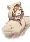  1girl :d absurdres ahoge animal_hood black_choker braid braided_bangs brown_eyes brown_hair brown_hoodie choker crossed_bangs ears_through_headwear highres hololive hololive_english hood hood_up hoodie jewelry looking_at_viewer multicolored_hair nanashi_mumei nanashi_mumei_(3rd_costume) necklace official_alternate_costume official_alternate_hairstyle oversized_clothes red_shirt shirt short_hair smile streaked_hair sweater teeth tenchi_mayo upper_teeth_only virtual_youtuber white_sweater wide_sleeves 