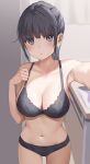  1girl armpits black_bra black_hair black_panties bra breasts cleavage closed_mouth commentary_request indoors kopaka_(karda_nui) large_breasts looking_at_viewer navel original panties ponytail selfie short_hair standing underwear underwear_only 