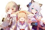  3girls ahoge animal_ear_fluff animal_ears arknights blonde_hair blue_eyes blush cat_ears cat_girl closed_eyes closed_mouth cy_fros flower fox_ears fox_girl hair_flower hair_ornament hairband highres japanese_clothes kimono lens_(arknights) long_hair medium_hair mint_(arknights) mint_(tsukiyoi)_(arknights) multiple_girls obi official_alternate_costume open_mouth parted_lips ponytail red_hairband sash scene_(arknights) scene_(betsushi)_(arknights) sidelocks suzuran_(arknights) suzuran_(yukibare)_(arknights) upper_body v white_background white_hair yellow_eyes 