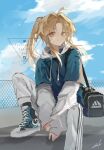  1boy adidas ahoge alternate_costume bag blonde_hair blue_sky closed_mouth cloud cloudy_sky day english_commentary high_ponytail honkai:_star_rail honkai_(series) hyde_(hai-do) instagram_logo looking_at_viewer outdoors pants parted_bangs shoes sketch sky sneakers solo twitter_logo white_pants white_sleeves yanqing_(honkai:_star_rail) yellow_eyes 