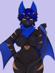  2022 accessory anthro bat bedroom_eyes biped black_body blue_body blue_fur blue_hair blue_membrane blue_nipples blue_wings breasts collar digital_media_(artwork) dragon dreadlocks ear_piercing eyeliner fangs female fur genitals hair hair_accessory heart_(marking) hi_res hybrid leash leashed_collar looking_at_viewer makeup mammal membrane_(anatomy) membranous_wings mikosi narrowed_eyes nipples nude piercing pussy seductive simple_background smile solo teeth wings yellow_eyes 