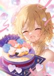  1girl :d ^_^ apple_caramel artist_name bare_shoulders blonde_hair blush cake closed_eyes commentary_request facing_viewer food genshin_impact hair_between_eyes hands_up highres holding long_hair lumine_(genshin_impact) smile solo streamers thank_you upper_body 