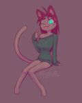  anthro big_breasts breasts clothing domestic_cat felid feline felis female glowing glowing_eyes hair hi_res humanoid mammal milkshots pilkshots pink_hair sitting solo sweater topwear 