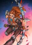  1girl aloy_(horizon) arrow_(projectile) artist_name bow_(weapon) braid dated david_nakayama falling_petals green_eyes highres holding holding_weapon horizon_zero_dawn initial jewelry long_hair necklace orange_hair petals quiver simple_background solo watermark weapon 