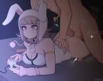  1boy 1girl afrobull animal_ears animal_hood ass bed black_leotard boy_on_top breasts danganronpa_(series) danganronpa_2:_goodbye_despair fake_animal_ears fake_tail flipped_hair galaga hair_ornament hetero hood large_breasts leotard lying medium_hair nanami_chiaki on_stomach penis playing_games prone_bone rabbit_ears rabbit_hood ribbon sex sex_from_behind tail two-tone_leotard white_leotard 