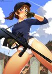  1girl assault_rifle baseball_cap black_headwear blue_eyes blue_shirt blue_sky blush brooke_(mathias_leth) brown_hair bullpup cloud commentary covered_mouth day english_commentary fingerless_gloves gloves green_gloves gun hand_up hat highres holding holding_gun holding_weapon legs_apart looking_away mathias_leth no_pants original outdoors panties rifle shirt sky sleeves_pushed_up solo steyr_aug trigger_discipline underwear weapon web_address white_panties 