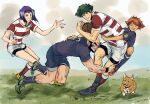  2girls absurdres beard child cowboy_bebop dog edward_wong_hau_pepelu_tivrusky_iv ein_(cowboy_bebop) facial_hair faye_valentine green_footwear green_hair hairband highres jet_black legs multiple_girls open_mouth orange_footwear playing_sports purple_hair red_hairband rugby rugby_uniform spike_spiegel sportswear tobalin welsh_corgi 