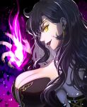  1girl bare_shoulders black_hair black_lips black_nails breasts cleavage delsaber earrings fire fire_emblem fire_emblem:_the_blazing_blade from_side highres jewelry large_breasts lipstick makeup nail_polish profile purple_fire red_lips solo sonia_(fire_emblem) upper_body yellow_eyes 