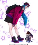  1girl alternate_costume animal backpack bag bandaid bandaid_on_cheek bandaid_on_face bangs baseball_cap black_bag black_headwear black_skirt blue_hair character_name ear_piercing grey_hair hat highres jinx_(league_of_legends) koiarts league_of_legends leaning_forward long_hair miniskirt nail_polish neck_tattoo open_mouth orange_eyes piercing pink_sweater shoes simple_background skirt star_(symbol) sweater tattoo tongue tongue_out tongue_piercing white_background 